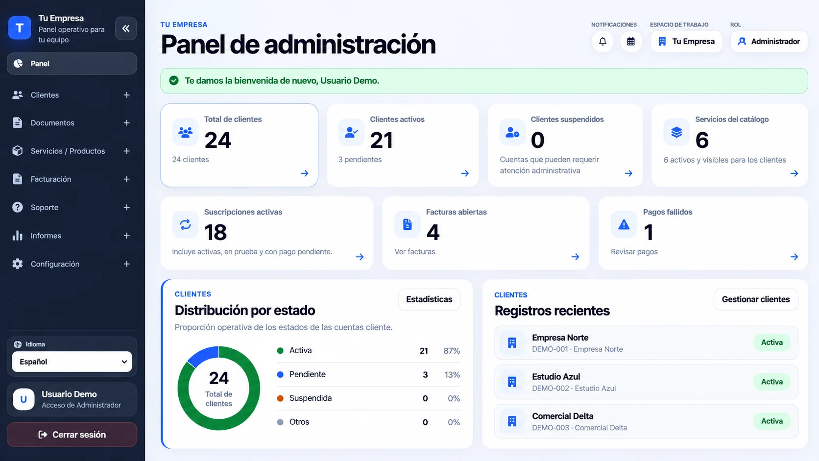 Panel de administración del portal de clientes Krosfy con resumen y registros de clientes.