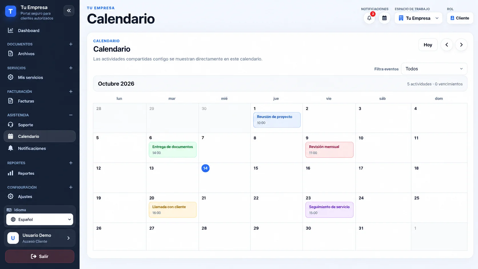 Calendario compartido del portal de clientes con actividades y fechas importantes.