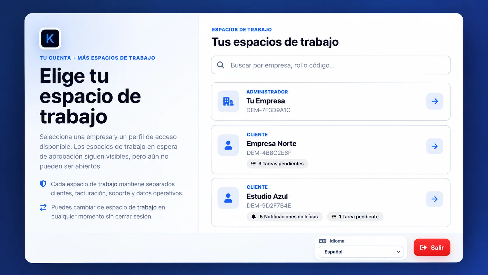 Selector de espacios de trabajo para administrar empresas y perfiles de clientes.